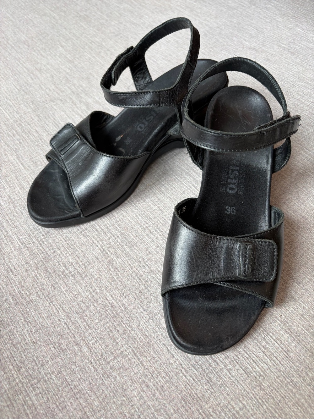 Mephisto Black Leather Wedge Sandals with Ankle Strap, 36